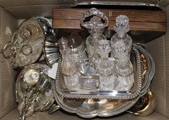 A quantity of plated items incl. two pairs of entree dishes, four cruet stands, cased dessert eaters, whisky flask and minor flatware